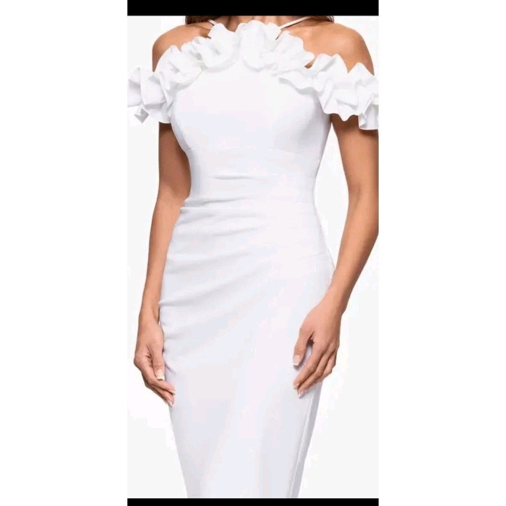 Xscape Evenings 6 Ivory Ruffle Off the Shoulder Scuba Crepe Sheath Dress NWT